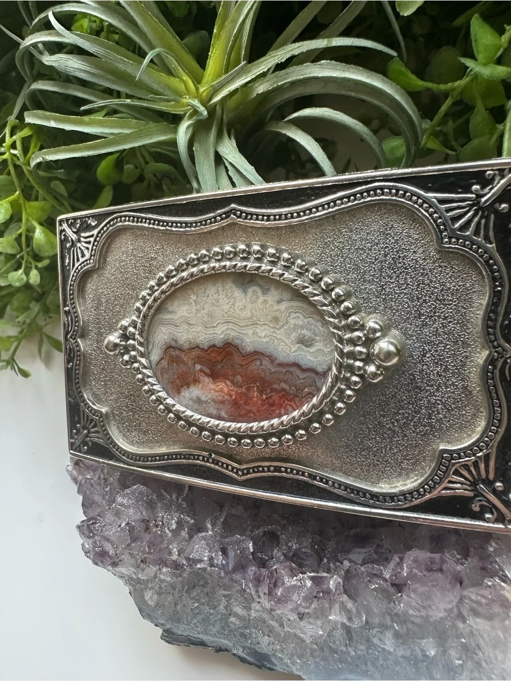 Antique-Style Silver Belt Buckle with Resin Agate Center